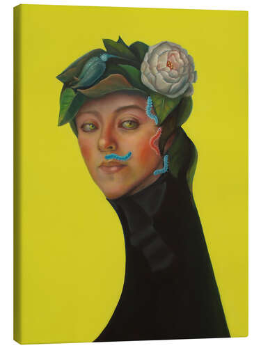 Canvastavla Portrait with Peony Crown, Bird, and Caterpillar
