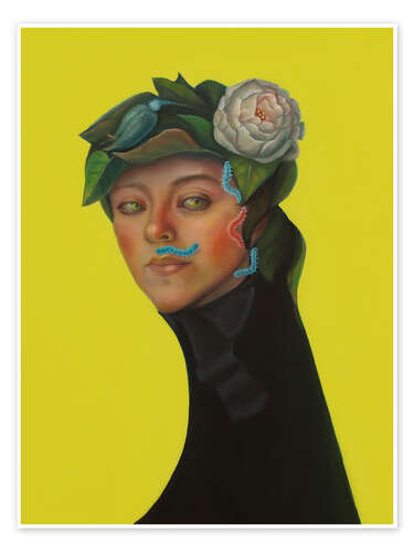 Poster Portrait with Peony Crown, Bird, and Caterpillar