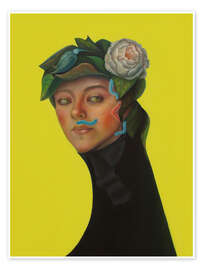 Wall print Portrait with Peony Crown, Bird, and Caterpillar - Natasha Lelenco