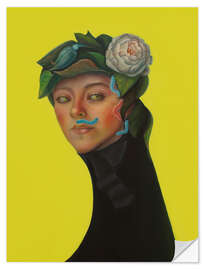 Selvklebende plakat Portrait with Peony Crown, Bird, and Caterpillar - Natasha Lelenco