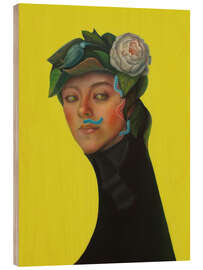 Wood print Portrait with Peony Crown, Bird, and Caterpillar - Natasha Lelenco