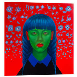 Acrylglasbild Grünhäutiges Mädchen mit blauen Zöpfen - Natasha Lelenco