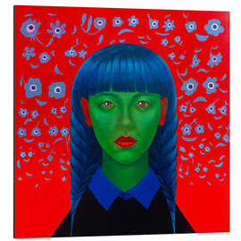 Obraz na aluminium Green-Skinned Girl with Blue Braids, Red Floral Background - Natasha Lelenco