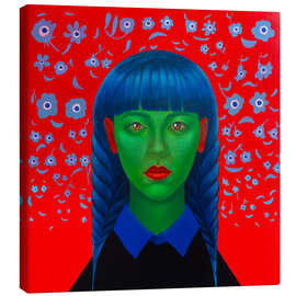 Lienzo Green-Skinned Girl with Blue Braids, Red Floral Background - Natasha Lelenco