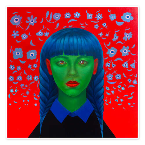 Poster Green-Skinned Girl with Blue Braids, Red Floral Background