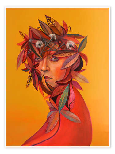 Plakat Portrait with Autumn Leaves and Dandelions