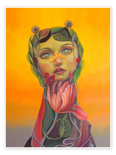 Plakat Surreal Botanical Portrait with Tulip and Leaves