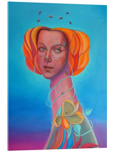Acrylglasbild Surreales Porträt einer orangehaarigen Frau mit Bienen