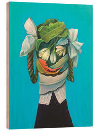 Wood print Portrait of Leaves and Flowers with Watermelon Smile - Natasha Lelenco
