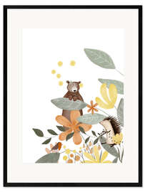 Gerahmter Kunstdruck Bär und Igel mit Wildblumen