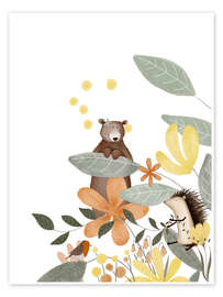 Wall print Bear and hedgehog with wildflowers - Urchin Bay