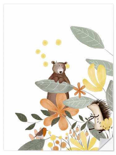 Vinilo para la pared Bear and hedgehog with wildflowers
