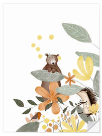Vinilo para la pared Bear and hedgehog with wildflowers - Urchin Bay