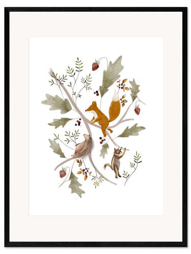 Inramat konsttryck Berry branch with animals