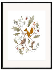 Inramat konsttryck Berry branch with animals