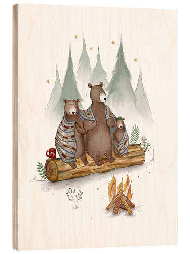 Print på træ Bear family at the campfire