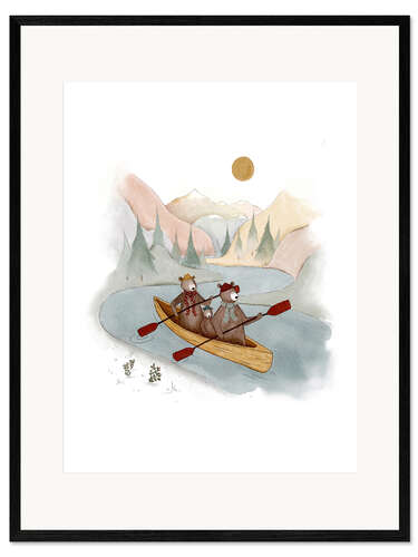 Inramat konsttryck Family Bear Kayaking