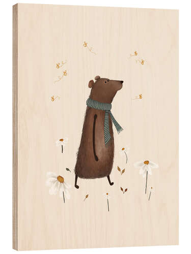 Wood print Bernard Bear with wildflowers