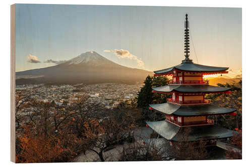 Stampa su legno Fujisan and Chureito Pagoda in the evening light
