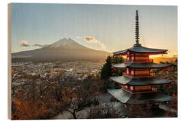 Wood print Fujisan and Chureito Pagoda in the evening light