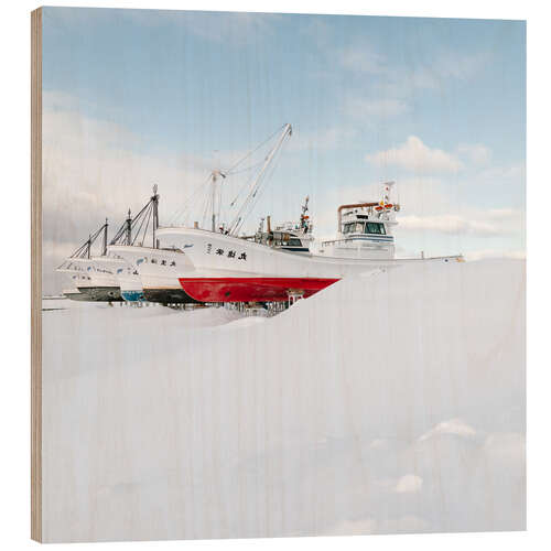 Wood print Japanese fishing boats in winter storage