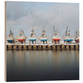 Wood print Colourful Japanese fishing boats in winter storage - Philipp Dase