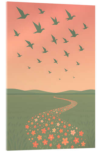 Tableau en verre acrylique Meadow with flower path at sunset