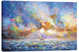 Lærredsbillede Sailboat Journey Through a Sunset Ocean - Leon Devenice