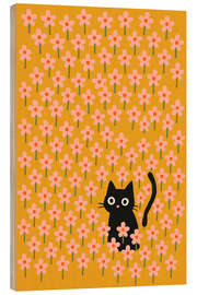 Holzbild Katze im Blumengarten - treechild