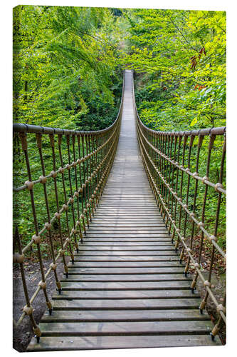 Leinwandbild Hängebrücke aus Holz führt duch einen Buchenwald II