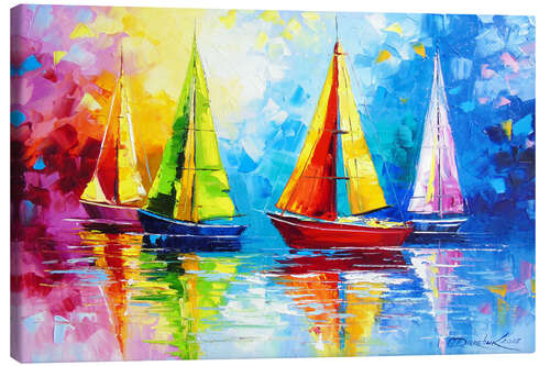 Stampa su tela Sailboats in the rainbow dawn
