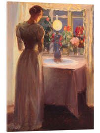 Acrylglasbild Junges Mädchen vor einer brennenden Lampe