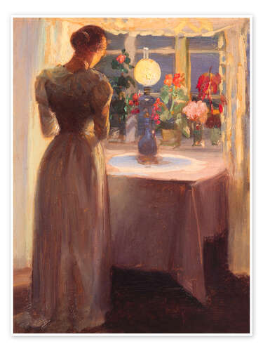 Poster Young girl in front of a burning lamp