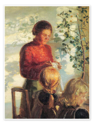 Póster Two little girls being taught how to sew, 1910
