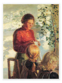 Reprodução Two little girls being taught how to sew, 1910 - Anna Ancher