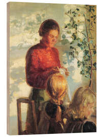 Holzbild Zwei kleine Mädchen lernen das Nähen, 1910