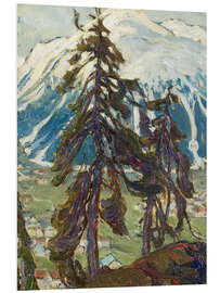 Foam board print Fir trees in front of mountains, study from Northern Norway