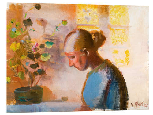 Acrylglasbild Nähende Frau in Blau