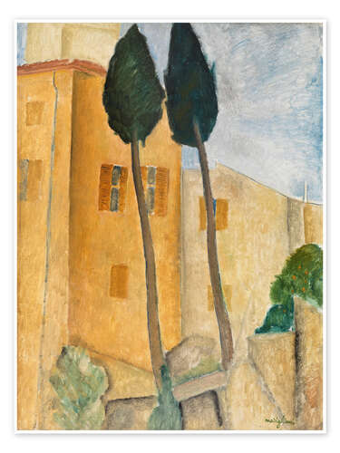 Poster Cyprès et maisons à Cagnes