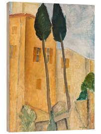 Holzbild Zypressen und Häuser in Cagnes