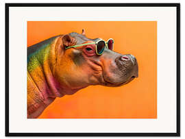 Gerahmter Kunstdruck Cooles Nilpferd mit Sonnenbrille