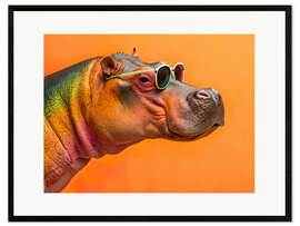 Gerahmter Kunstdruck Cooles Nilpferd mit Sonnenbrille