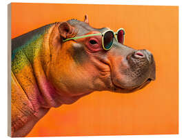 Holzbild Cooles Nilpferd mit Sonnenbrille