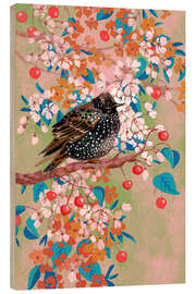 Wood print Starling in Blooming Tree - Verbrugge Watercolor