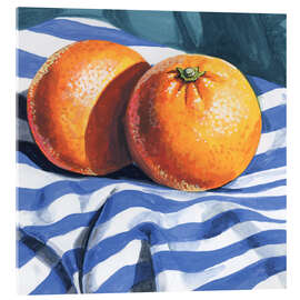 Acrylglasbild Orangen auf gestreiftem Tuch