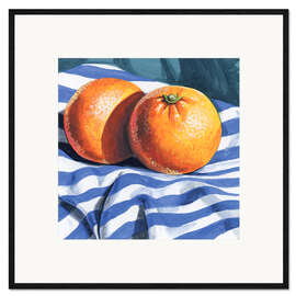 Gerahmter Kunstdruck Orangen auf gestreiftem Tuch