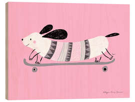 Holzbild Rosa Hund beim Skaten - Kasia Kucwaj-Tybur