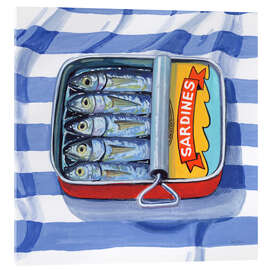 Acrylglasbild Sardinen auf gestreiftem Tuch