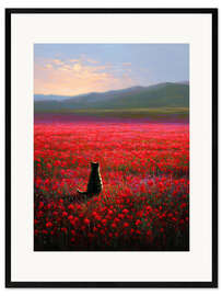 Gerahmter Kunstdruck Getigerte Katze in Mohnblumenfeld