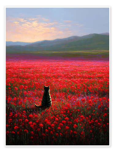 Poster Tabby Cat in Poppy Field